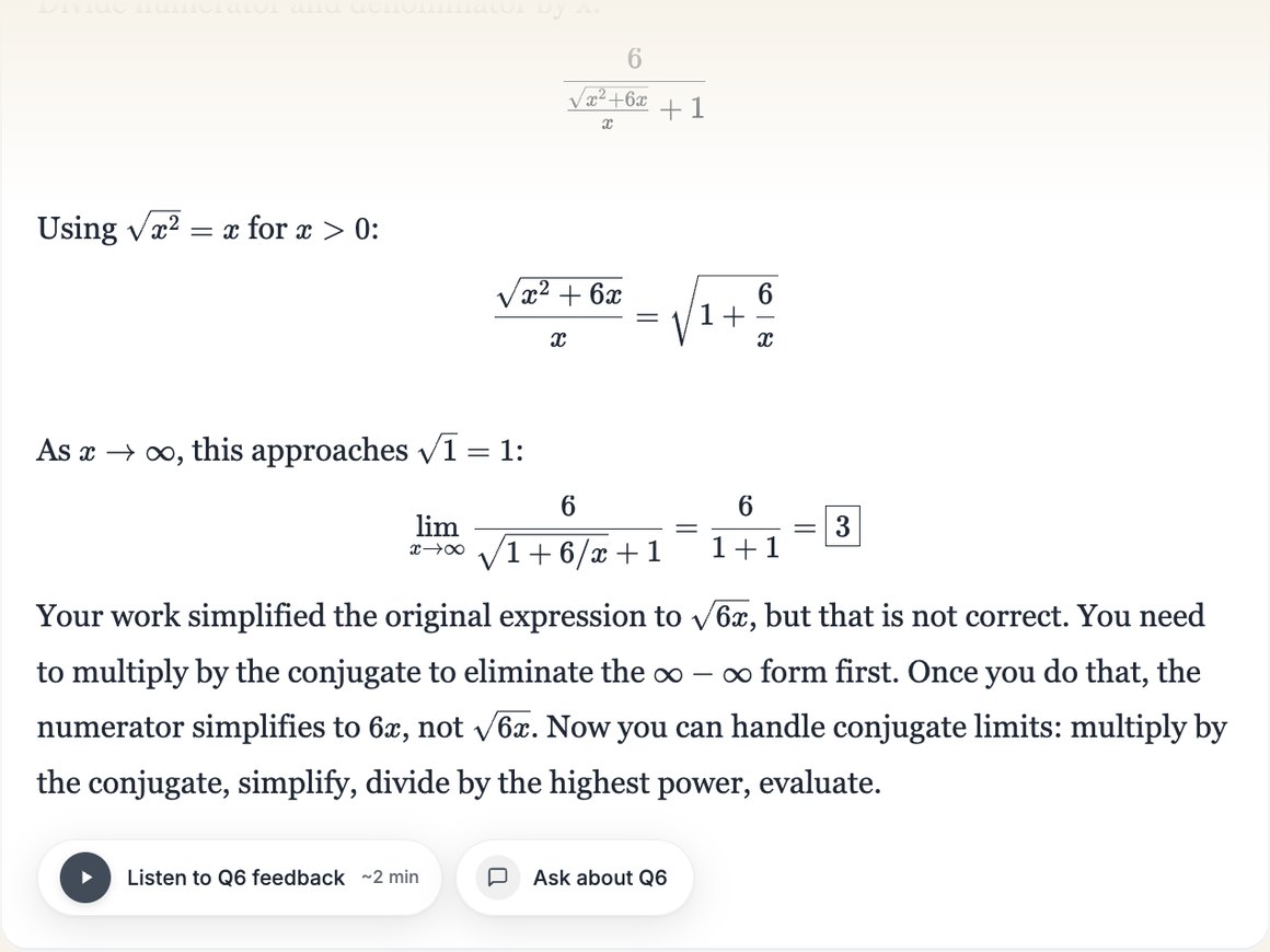 Acacia working through the student's limit problem step by step, naming the error and giving the method to use next time.